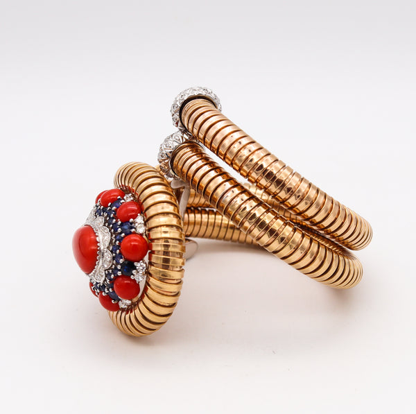 *Italian 1970 Retro Tubogas Bangle-Bracelet in 18 kt Gold with 44.39 Cts in Diamonds Sapphires & Corals