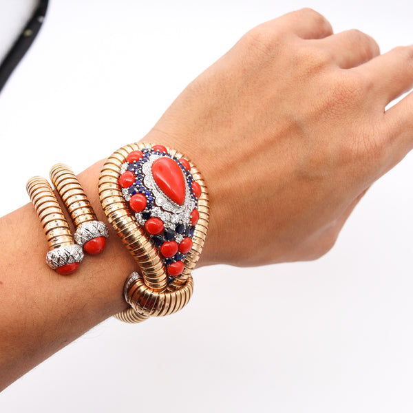 *Italian 1970 Retro Tubogas Bangle-Bracelet in 18 kt Gold with 44.39 Cts in Diamonds Sapphires & Corals