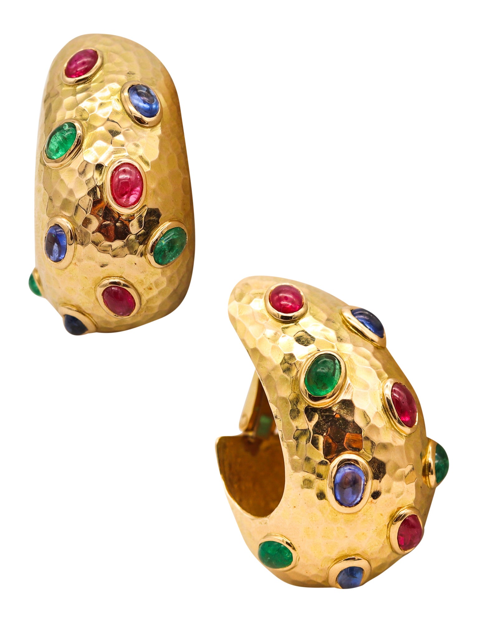 French Hoops Earrings In 18Kt Yellow Gold With 13.50 Ctw Emerald Sapphires And Rubies