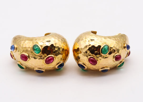 French Hoops Earrings In 18Kt Yellow Gold With 13.50 Ctw Emerald Sapphires And Rubies