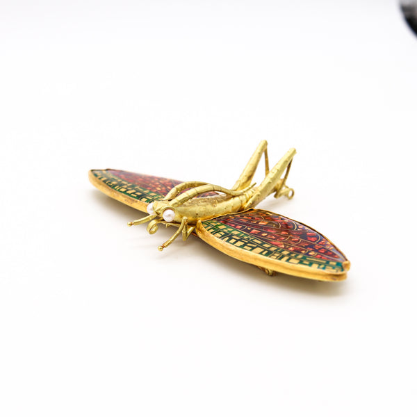 *Amy Roper Lyons Rare Cloisonne Enameled Grasshopper Pendant in 18 Kt Yellow Gold