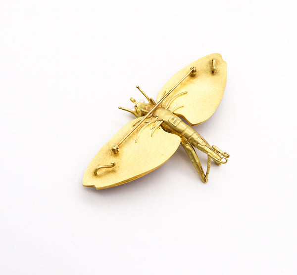*Amy Roper Lyons Rare Cloisonne Enameled Grasshopper Pendant in 18 Kt Yellow Gold