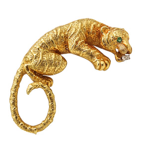 Hammerman Brothers 1970 Tiger Brooch In 18Kt Gold With Emerald And Diamonds