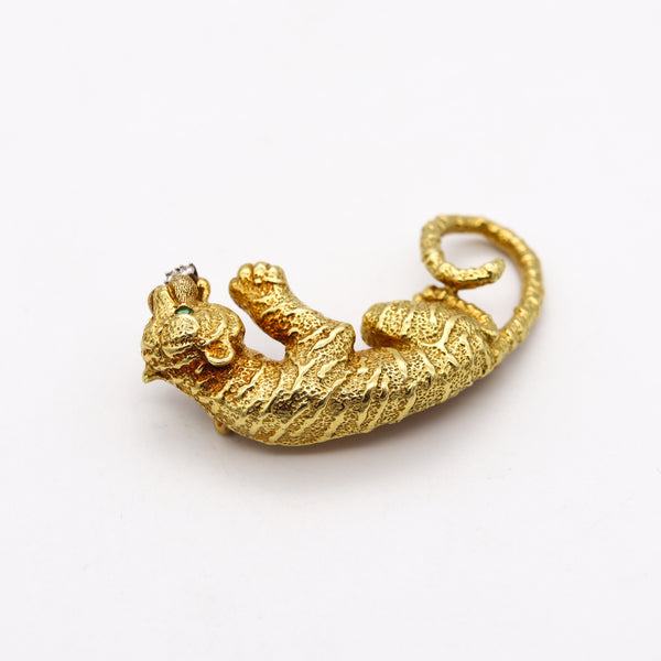 Hammerman Brothers 1970 Tiger Brooch In 18Kt Gold With Emerald And Diamonds