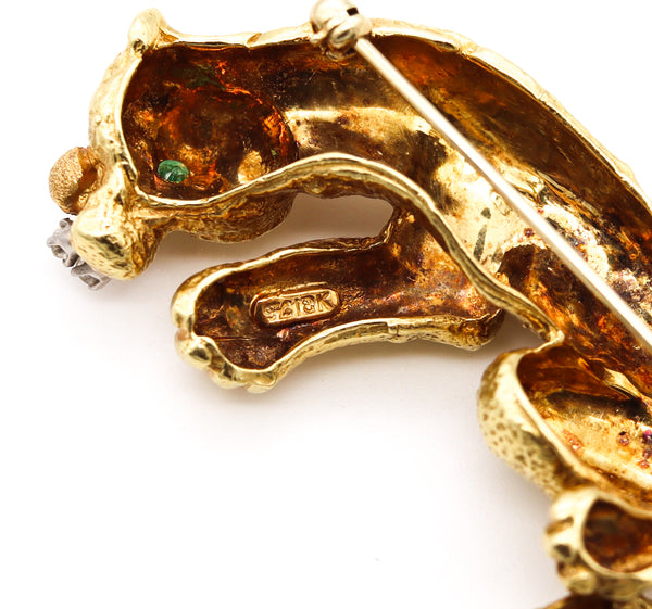 Hammerman Brothers 1970 Tiger Brooch In 18Kt Gold With Emerald And Diamonds