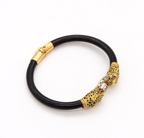 *Gay Freres 1960 Paris Feline Enamel Bracelet in 18 kt gold With Diamonds & Black coral