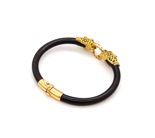 *Gay Freres 1960 Paris Feline Enamel Bracelet in 18 kt gold With Diamonds & Black coral