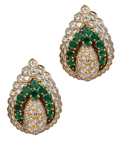 Andre Vassort 1970 Paris Gem Set Earrings In 18Kt Gold With 19.22 Ctw In Diamonds And Emeralds