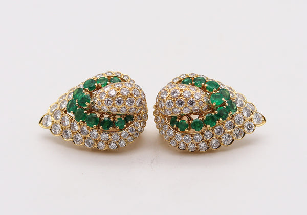 Andre Vassort 1970 Paris Gem Set Earrings In 18Kt Gold With 19.22 Ctw In Diamonds And Emeralds