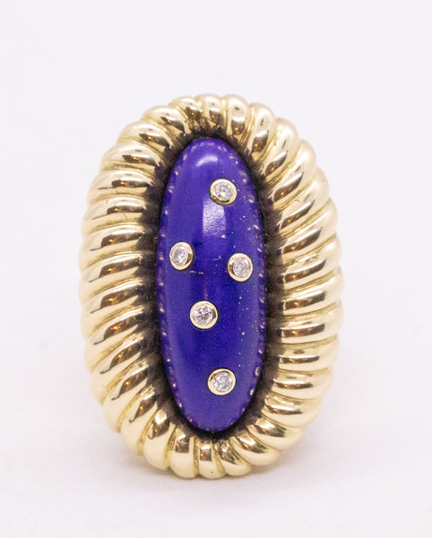 Mid Century Cocktail Ring In 18 Kt Gold With 14.42 Cts Lapis Lazuli And Diamonds
