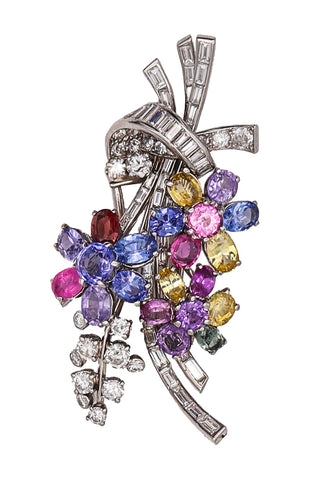 Paul Flato 1940 Deco Retro Brooch In Platinum With 27.09 Ctw Color Sapphires And VVS Diamonds