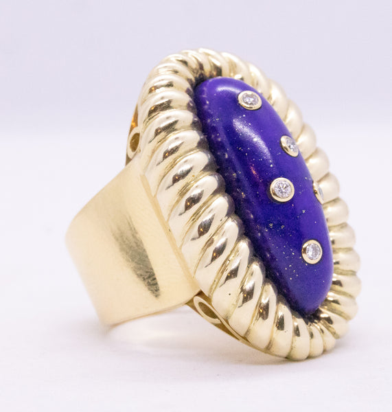 Mid Century Cocktail Ring In 18 Kt Gold With 14.42 Cts Lapis Lazuli And Diamonds