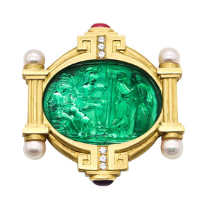 *Venetian Neo Classic Pendant Brooch in 18 kt Gold with 2.98 Cts Diamonds Tourmalines & Pearls