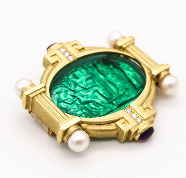 *Venetian Neo Classic Pendant Brooch in 18 kt Gold with 2.98 Cts Diamonds Tourmalines & Pearls