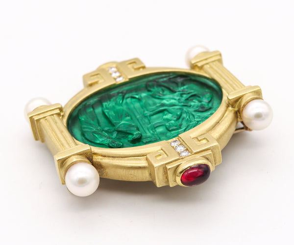 *Venetian Neo Classic Pendant Brooch in 18 kt Gold with 2.98 Cts Diamonds Tourmalines & Pearls