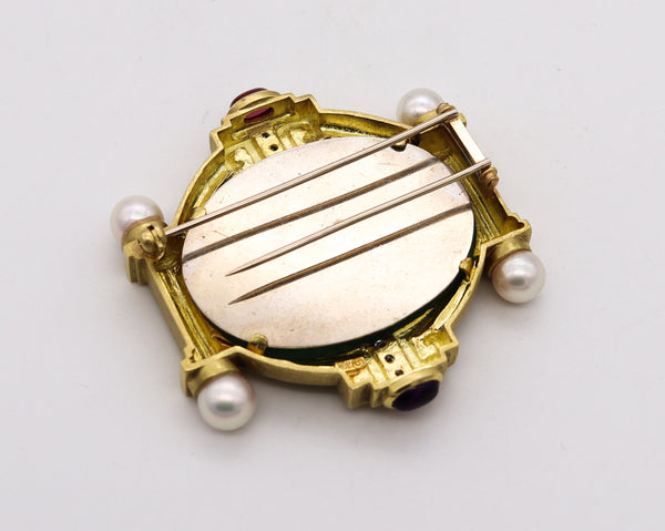 *Venetian Neo Classic Pendant Brooch in 18 kt Gold with 2.98 Cts Diamonds Tourmalines & Pearls