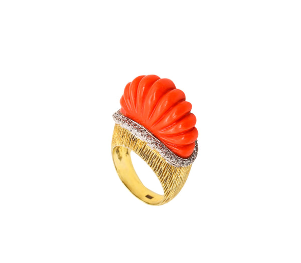 Italian 1960 Mid Century Cocktail Ring In 18Kt Gold With 23.5 Cts In Diamonds And Coral