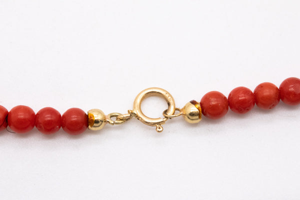 Italian 1960 Mid Century Necklace In 18Kt Yellow Gold With Graduated Red Sardinian Coral Beads