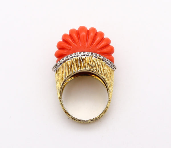 Italian 1960 Mid Century Cocktail Ring In 18Kt Gold With 23.5 Cts In Diamonds And Coral