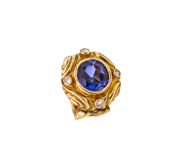 Designer's Cocktail Ring In 18Kt Yellow Gold With 8.72 Cts In Diamonds And Iolite