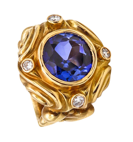 Designer's Cocktail Ring In 18Kt Yellow Gold With 8.72 Cts In Diamonds And Iolite