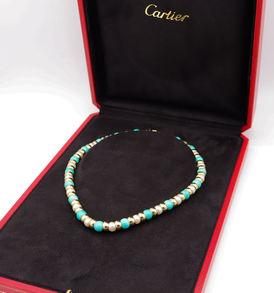 Cartier Paris Colorful Necklace In 18Kt Yellow Gold With Turquoises And Pearls