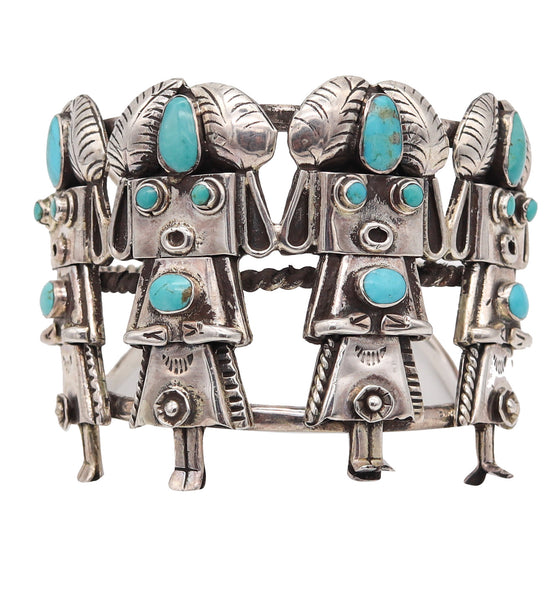 Native American DC Thomas 1970 Navajo Bracelet Cuff In .925 Sterling Silver With Turquoises