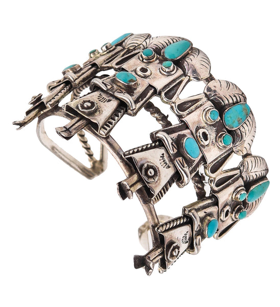 Native American DC Thomas 1970 Navajo Bracelet Cuff In .925 Sterling Silver With Turquoises