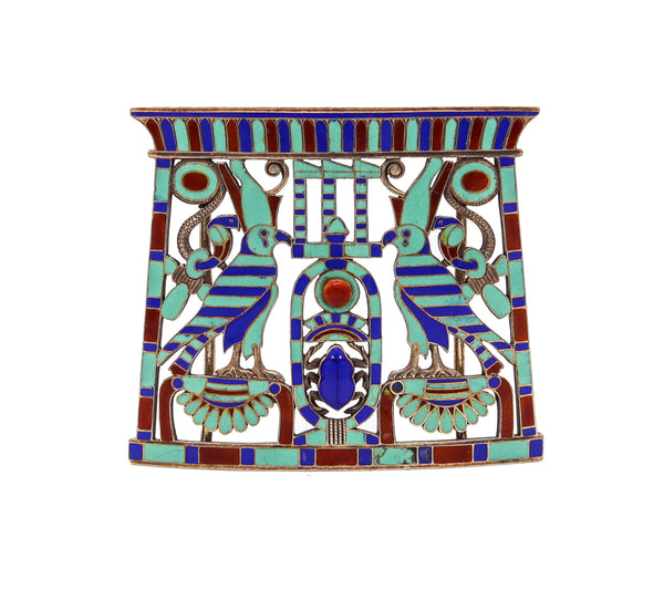 -French 1880 Egyptian Revival Pectoral In Silver With Champleve Cloisonne And Lapis
