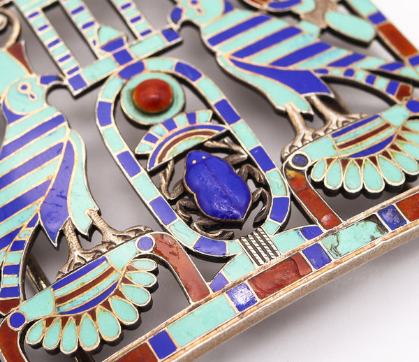 -French 1880 Egyptian Revival Pectoral In Silver With Champleve Cloisonne And Lapis