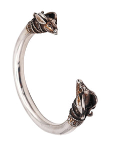 -French Etruscan Revival Rams Bracelet Cuff In Solid .925 Sterling Silver