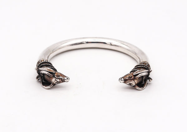 -French Etruscan Revival Rams Bracelet Cuff In Solid .925 Sterling Silver