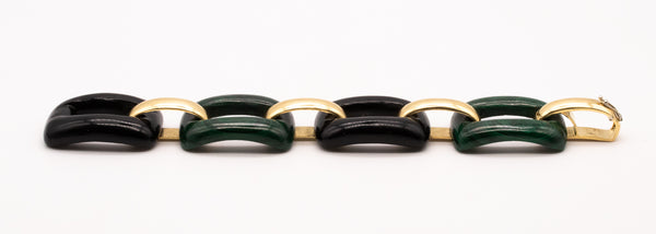 ITALIAN 1970 MODERNIST 18 KT GOLD BRACELET WITH DOOR KNOCKRT MALACHITE & ONYX