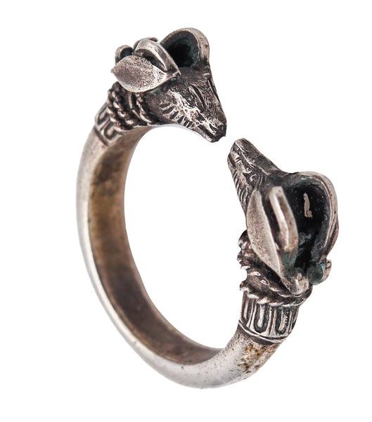 -French Etruscan Revival Rams Cuff Ring In Solid .925 Sterling Silver