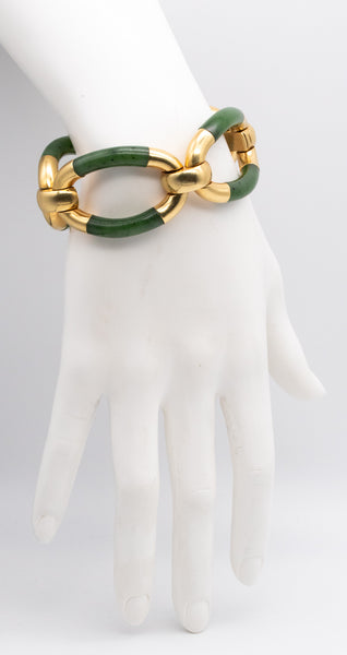 LOUIS FIESSLER 1970 MODERNIST 18 KT GOLD BRACELET WITH GREEN JADE NEPHRITE