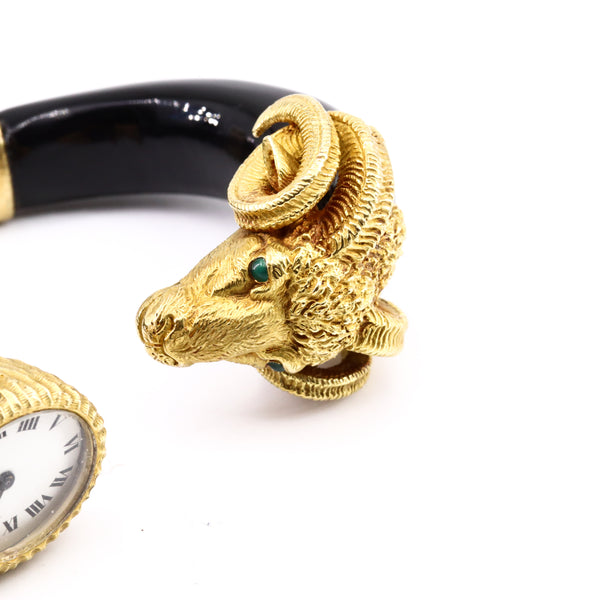 *Gay Freres 1970 France 18 kt gold Zodiac ram bracelet cuff wristwatch with black obsidian