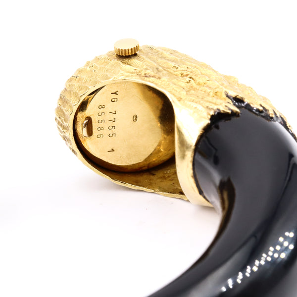 *Gay Freres 1970 France 18 kt gold Zodiac ram bracelet cuff wristwatch with black obsidian