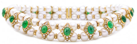 FASANO ITALY PEARLS 18 KT CHOKER WITH 23.14 Cts EMERALD AND DIAMONDS