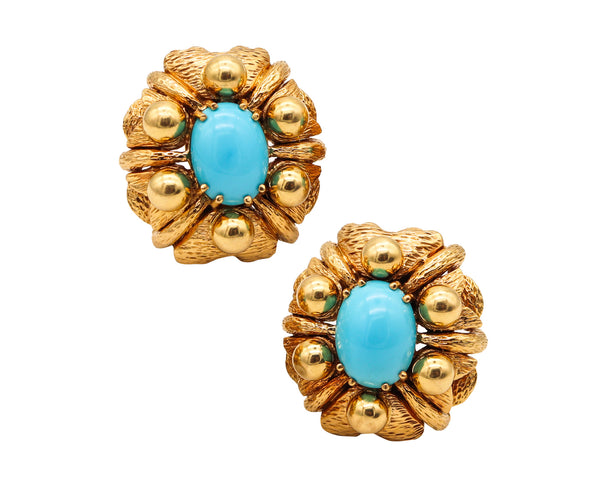 Mid Century 1960 Cocktail Earrings In 18Kt Gold With Sleeping Beauty Turquoises