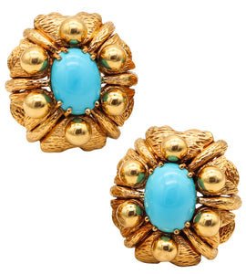 Mid Century 1960 Cocktail Earrings In 18Kt Gold With Sleeping Beauty Turquoises