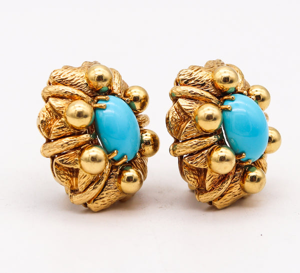 Mid Century 1960 Cocktail Earrings In 18Kt Gold With Sleeping Beauty Turquoises