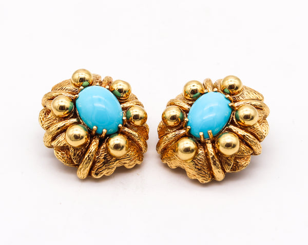 Mid Century 1960 Cocktail Earrings In 18Kt Gold With Sleeping Beauty Turquoises