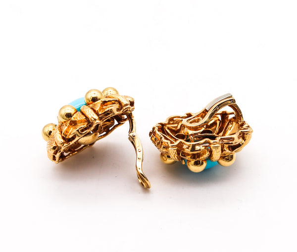 Mid Century 1960 Cocktail Earrings In 18Kt Gold With Sleeping Beauty Turquoises