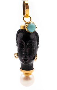 CORLETTO BLACKAMOOR ITALIAN 18 KT GOLD WITH CARVED EBONY, PEARL & TURQUOISE