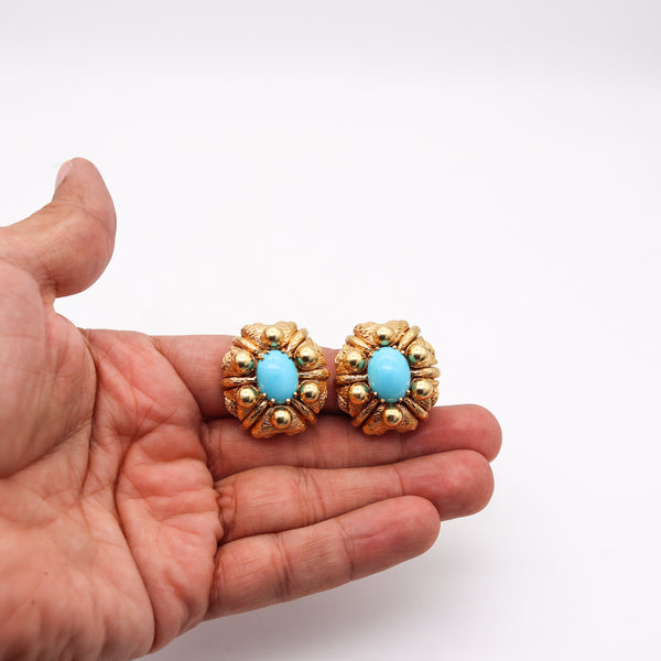 Mid Century 1960 Cocktail Earrings In 18Kt Gold With Sleeping Beauty Turquoises