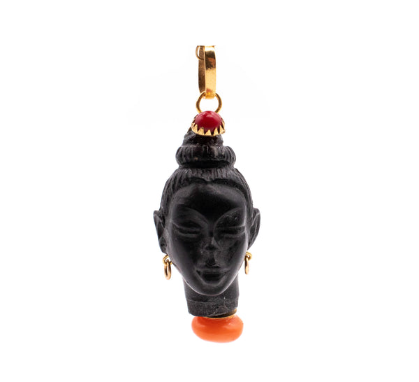 CORLETTO BLACKAMOOR ITALIAN 18 KT GOLD CARVED EBONY HEAD WITH RED CORAL