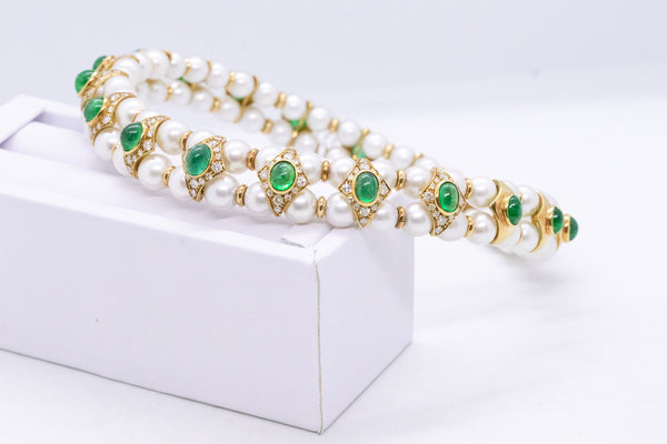 FASANO ITALY PEARLS 18 KT CHOKER WITH 23.14 Cts EMERALD AND DIAMONDS