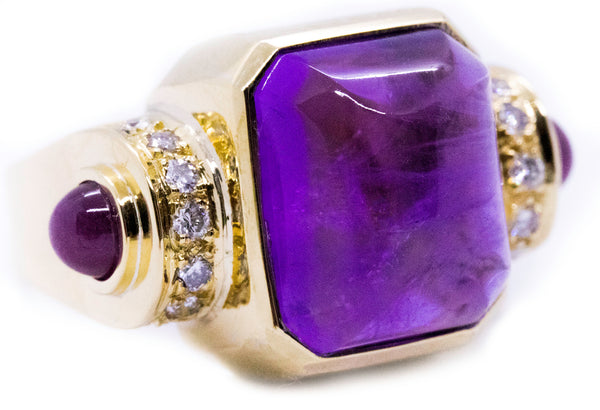 PIRAMIDE AMETHYST CABOCHON WITH RUBY 18 KT RING