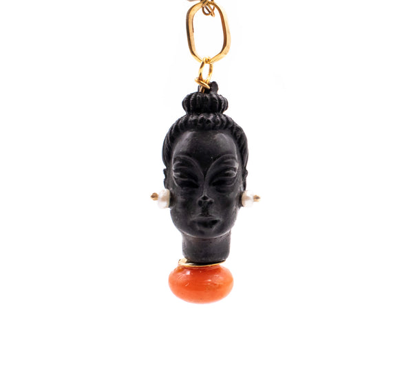 CORLETTO BLACKAMOOR 18 KT GOLD CARVED EBONY FACE WITH CORAL & SEED PEARLS