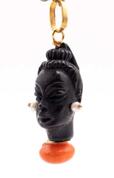 CORLETTO BLACKAMOOR 18 KT GOLD CARVED EBONY FACE WITH CORAL & SEED PEARLS